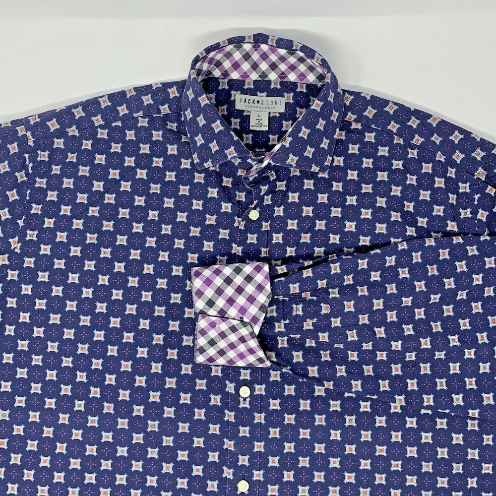 Jack‎ Stone Blue Geometric Cotton Long Sleeve Button Up Men's Shirt Size Large
